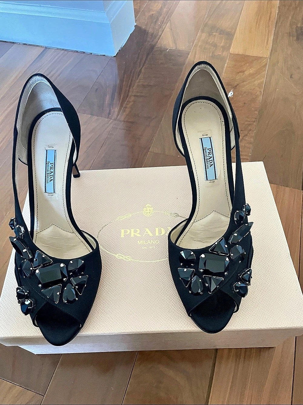 Prada Special Edition Crystal Embellished Satin Peep-Toe Pumps Black EU38/5 - Picture 1 of 4